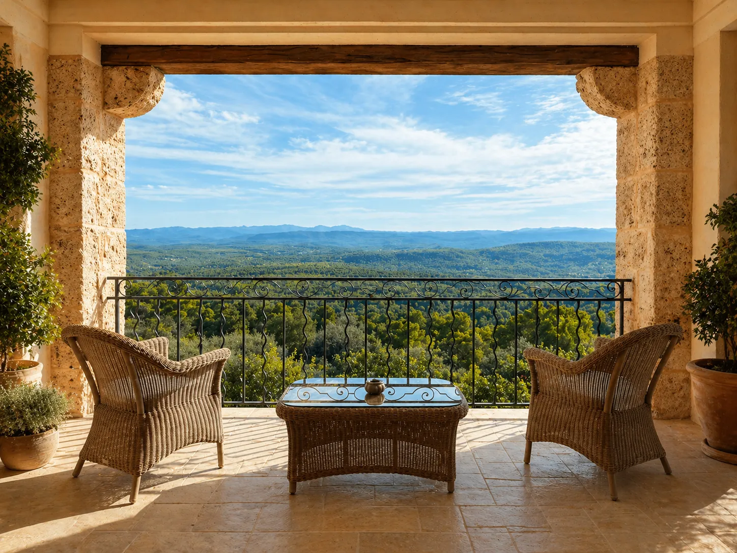 A stone terrace with wicker chairs opening onto the coast